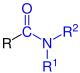 Allgemeine Struktur der Carbonsäureamide mit dem blau markierten Carbamoyl-Rest. R = H oder Organylgruppe