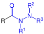 Allgemeine Struktur der Carbonsäurehydrazide mit dem blau markierten Hydrazinocarbonyl-Rest. R = H oder Organylgruppe