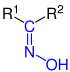 Allgemeine Struktur der Oxime mit der blau markierten Oximgruppe. R = H oder Organylgruppe