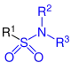 Allgemeine Struktur der Sulfonsäureamide  mit dem blau markierten Sulfamoyl-Rest. R = H oder Organylgruppe