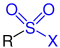 Allgemeine Struktur der Sulfonsäurehalogenide mit dem blau markierten Halogensulfonyl-Rest