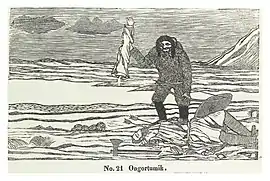Die holzschnittartige Zeichnung zeigt einen in Fell gekleideten Mann mit einem Bogen in der linken Hand und einem menschlichen Arm in der rechten Hand, der wohl zuvor dem vor ihm liegenden Toten gehört hatte, neben dem auch noch ein Schild und eine Axt zu sehen sind.