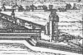 Die Gaupforte in Mainz in der Schwedenzeit – im Vordergrund verstärken Erdwälle die mittelalterliche Stadtmauer (Detail einer Stadtansicht von Westen aus der Topographia Archiepiscopatuum Moguntinensis, Trevirensis et Coloniensis von Matthäus Merian dem Jüngeren).