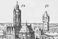 Links die Stephanskirche, rechts der Martinsturm der Gaupforte in Mainz (Detail einer Stadtansicht von Osten aus demselben Werk).