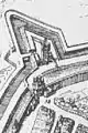 Innere und äußere Gaupforte mit verstärkenden Erdwällen (Detail einer Karte von 1637 aus demselben Werk).