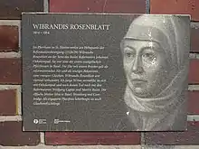 Gedenktafel für Wibrandis Rosenblatt (1504–1564). Gemeindehaus Oekolampad, Allschwilerplatz, Basel.