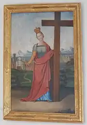 Gemälde der heiligen Helena mit dem Kreuz an der Südwand des Langhauses. Eine Signatur weist auf „[...] Burgau 1844“ hin.