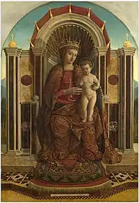 Linkes Bild: Ein Islamischer Teppich vom „Bellini-Typ“ zu Füßen Marias, in Gentile Bellinis Thronende Madonna mit Kind, spätes 15. Jh.Rechtes Bild: Gebetsteppich, Anatolien, spätes 15.– frühes 16. Jh., mit „Schlüsselloch“-Motiv.