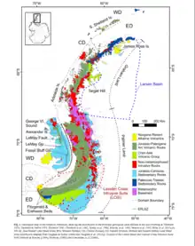 Geologische Karte der Antarktischen Halbinsel mit der Alexander-I.-Insel, hellblau markiert