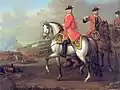 Gefallene Musketiere zu Füßen von Georg II. von Großbritannien in der Schlacht bei Dettingen (National Army Museum)