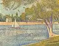 Durch das zurückgenommene triadische Farbschema aus Hellblau, Beige und bräunlichem Grün (statt kontrastreichem Blau, Gelb und Grün) entsteht eine Farbharmonie. Georges Seurat: Die Seine an der Insel Grande Jatte, 1888.