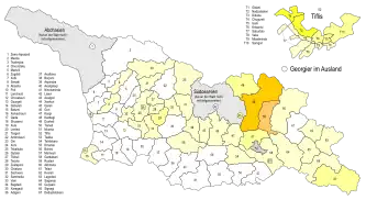 Stimmenanteile der Arbeiterpartei unter Schalwa Natelaschwili. Die Arbeiterpartei hat ihre Schwerpunkte in Tiflis und im Nordosten (Mzcheta-Mtianeti) des Landes.﻿0 %–5 % der Stimmen﻿>5 %–10 % der Stimmen﻿>10 %–15 % der Stimmen﻿>15 %–20 % der Stimmen﻿>20 %–25 % der Stimmen﻿>25 %–30 % der Stimmen