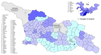 Stimmenanteile des Neun-Parteien-Oppositionsbündnisses unter Lewan Gatschetschiladse. Die höchsten Stimmenanteile für das Oppositionsbündnis gab es in Tiflis und im Westen des Landes.﻿0 %–10 % der Stimmen﻿>10 %–20 % der Stimmen﻿>20 %–30 % der Stimmen﻿>30 %–40 % der Stimmen﻿>40 %–50 % der Stimmen