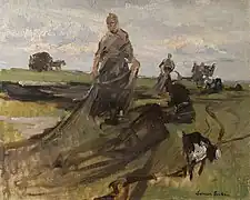 Netzflickerinnen mit Ziege in den Dünen, o. Dat., Öl auf Leinwand, auf Pappe aufgezogen, 35 × 44 cm, Museum Kunst der Westküste, Alkersum
