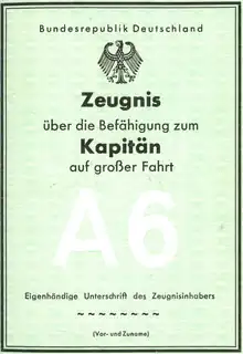 Kapitänspatent A6/AG Große Fahrt – 1965