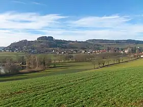 Links der Gerzensee, in der Mitte das Dorf und hinten der Belpberg