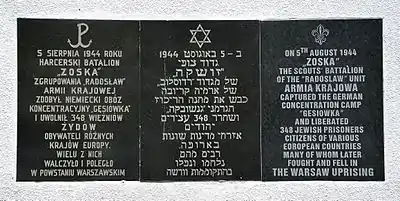 Gęsiówka liberation memorial plaque at 34 Anielewicza Street - the inscription is in Polish, Hebrew and English