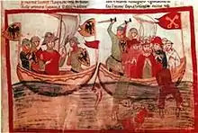 Darstellung des Reichsadlers auf Wappenschilden und Marineflaggen der kaiserlichen Flotte Friedrichs II. in der Seeschlacht von GiglioNuova Chronica von Giovanni Villani, frühes 14. Jahrhundert