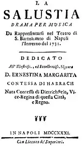 Giovanni Battista Pergolesi – Salustia – Titelseite des Librettos – Neapel 1732