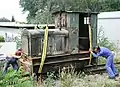 Gmeinderlok 24 PS, 600 mm aus dem Steinbruch Vatter bei der Ankunft in Wiesloch (Baujahr 1938)