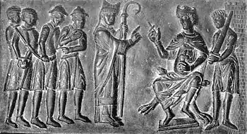 Boleslav II., der Fromme auf einem Segment der Gnesener Bronzetür: Das Relief zeigt Verhandlungen mit Adalbert von Prag zum Freikauf von Christensklaven