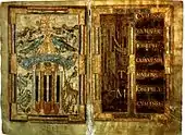 Doppelseite aus dem Godescalc-Evangelistar: Lebensbrunnen und Initiale