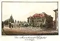 „Das Accouchement-Hospital in Göttingen“, Ansicht von Nordosten, mit Hospital-Vorgarten und nördlichem Neben-Zugang mit Freitreppe zur Hospitalstraße; links am Rand das frühere Geismartor. Kolorierter Stich von Christian Andreas Besemann, 1811