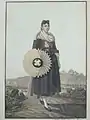 „Vreneli“-,Tracht. Kolorierte Umrissradierung von Gränicher, 1783