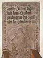 Grabstein im inneren der Kirche des ehrenwerten Herrn Bernhard Meuerl (gestorben 1514) und seine Gemahlin Elisabeth Pirchingerin. (ehem. Besitzer des Schloss Leombachs)