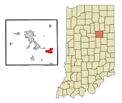 Lage von Upland im  Grant County (links) und in Indiana (rechts)