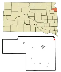 Lage von Big Stone City im Grant County (unten) und in South Dakota (oben)
