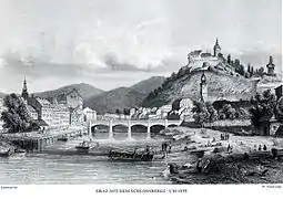 Schlossberg und Franz-Carl-Kettenbrücke (1855) (heute: Erzherzog-Johann-Brücke), davor die Albrechtsbrücke (heute: Tegetthoffbrücke)