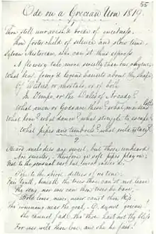 Manuscript in Keats’s hand titled “Ode on a Grecian Urn 1819.” It is a fair copy in pen and ink of the first two verses of the poem. The writing is highly legible, tall and elegant, with well-formed letters and a marked slope to the right. The capital letters are distinctive and artistically formed. Even-numbered lines are indented with lines 7 and 10 are further indented. A scallopy line is drawn beneath the heading and between the verses.