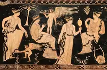 Eros und Himeros als geflügelte Knaben auf einem attisch-rotfigurigen Gefäß,um 400 v. Chr.