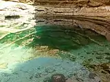 Blick auf und unter die Wasseroberfläche in der Doline