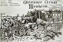 Zeitgenössische Karikatur der Gleislosen Bahn auf einer historischen Postkarte