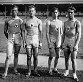 Das französische Weitsprungteam (v. l. n. r.): – Charles Guézille (5,49 m/27.), Marcel Orfidan (6,39 m/14.), Charles Courtin (6,23 m/17.), Eugène Coulon (6,50 m/11.)