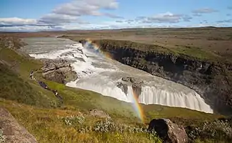 Der Gullfoss mit erster (links oben) und zweiter (unten) Fallstufe