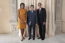 Gurbanguly Berdimuhamedow mit Barack and Michelle Obama 2009. Der turkmenische Präsident