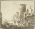 Häusergruppe mit rundem Turm