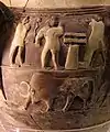 Lyraspieler, Adorant, Altar und sitzender Gott, unten ein Stier