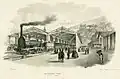 Badischer Bahnhof (Bf) mit Wagen- und Werkshallen an der Bahnhofstrasse um 1850