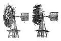Zeichnung einer Halladay-Turbine auf Holzmastspitze, 8 Scharen zu je 10 Flügeln klappen bei Starkwind aus der Rotorebene, aus 1854, konstruiert von Daniel Halladay (* 1826 Vermont)