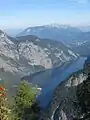 Blick vom Halsköpfl auf den Königssee, im Hintergrund der Untersberg