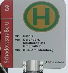 Neuartig gestaltetes Ersatzhaltestellenschildes der Düsseldorfer Rheinbahn