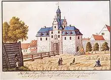 Das Nürnberger Tor in Hanau während des Abbruchs. Rechts unten im Bild hat sich der Zeichner selbst dargestellt.