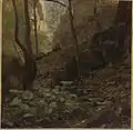 Blick vom Laubach die Düssel aufwärts, links symbolisierend eingefügt die Neanderhöhle (Hans Fredrik Gude)