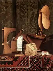 Linkes Bild: Großmustriger „Holbein“-Teppich, 16. Jh.Rechtes Bild: Detail aus Hans Holbein d. J.: Die Gesandten, 1533