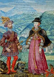 Hans II und Katharina Khevenhüller vor den Burgen Falkenstein und dem Groneck