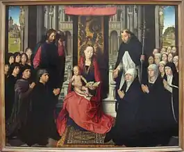 Linkes Bild: Hans Memling, Jungfrau mit Kind und den Heiligen Jakobus und Dominikus, 1488–1490. Das Hakenmedaillon kennzeichnet den „Memling“-Teppich.Rechtes Bild: Teppich aus Konya, 18. Jh. mit „Memling“-Medaillons